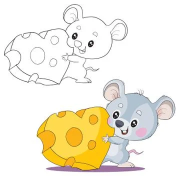 Set of cute gray mouse characters holding in their paws a piece of cheese in the Stock Illustration
