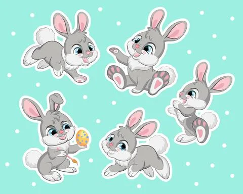 Set of cute gray rabbits vector illustration Stock Illustration