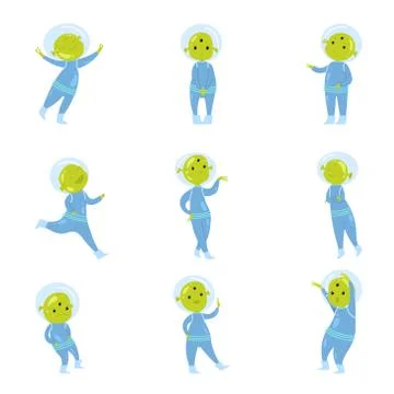 Set of cute green alien character in blue clothes Stock Illustration