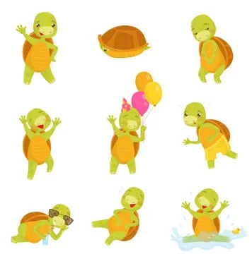 Set of cute green turtle in different actions Funny reptile with brown shell Stock Illustration