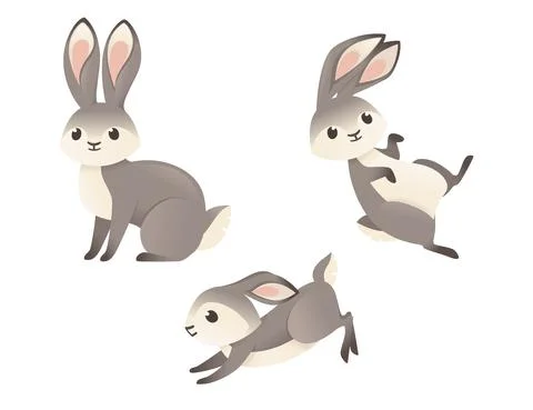 Set of cute grey rabbit sitting on ground cartoon animal design flat vector Stock Illustration