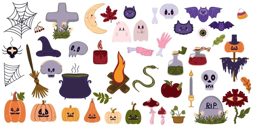 Set of cute Halloween elements in cartoon style: pumpkins, skulls, candles, c 库存插图