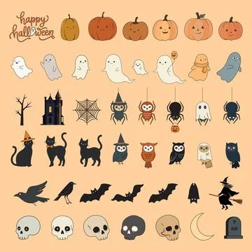 Set of cute Halloween elements isolated childish style Stock Illustration