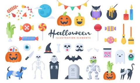 Set of cute Halloween illustration elements. Flat design style. Stock Illustration