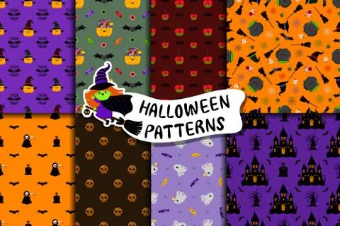 Set of cute Halloween vector patterns in cartoon style. Kawaii characters. Illustrazione stock