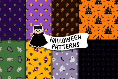 Set of cute Halloween vector patterns in cartoon style. Kawaii characters. Illustrazione stock