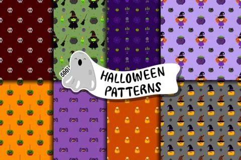 Set of cute Halloween vector patterns in cartoon style. Kawaii characters. Stockillustratie