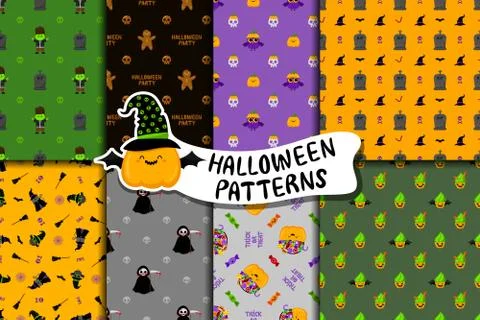 Set of cute Halloween vector patterns in cartoon style. Kawaii characters. Illustrazione stock