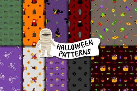 Set of cute Halloween vector patterns in cartoon style. Kawaii characters. Stockillustratie