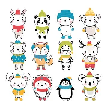 Set of cute hand drawn animals at winter clothes. Funny cartoon characters Stock Illustration