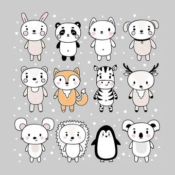 Set of cute hand drawn animals. Funny cartoon characters. Bunny, panda, cat.. Stock Illustration