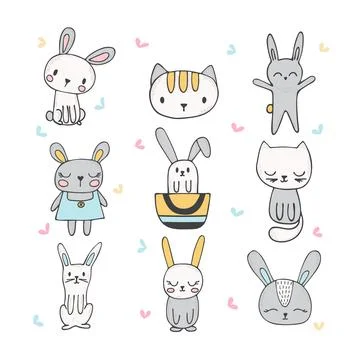 Set of cute hand drawn bunnies and cats. Collection of children doodles and.. Stock Illustration