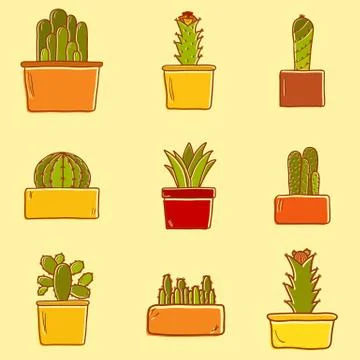 Set of cute hand drawn cactus icons Stock Illustration