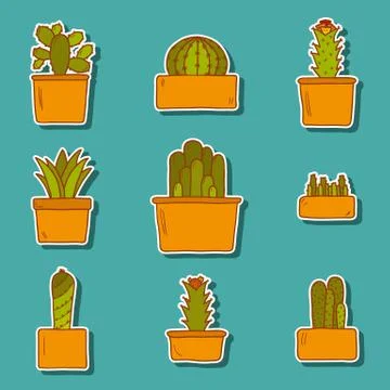 Set of cute hand drawn cactus stickers Stock Illustration