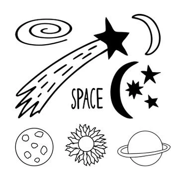 Set of cute hand drawn doodle space elements. Saturn planet, moon, sun, comet 스톡 일러스트