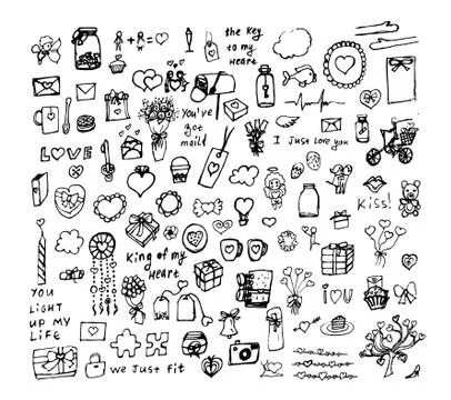 Set of cute hand drawn elements about love. Sketchy vector hand drawn doodles Stock Illustration