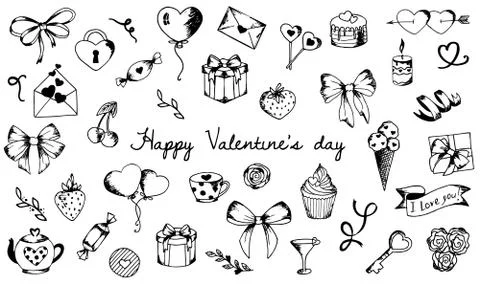 Set of cute hand drawn elements about love. Design elements isolated on white Illustrazione stock