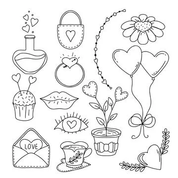 Set of cute hand drawn elements about Valentine day. Love elements isolated o Stock Illustration