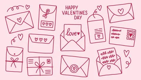 Set of cute hand drawn envelopes about love. Design elements isolated on pink Stock Illustration