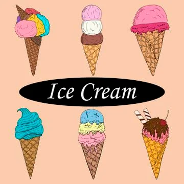 Set of cute hand drawn ice creams. Ice creams cartoon characters. Stock Illustration
