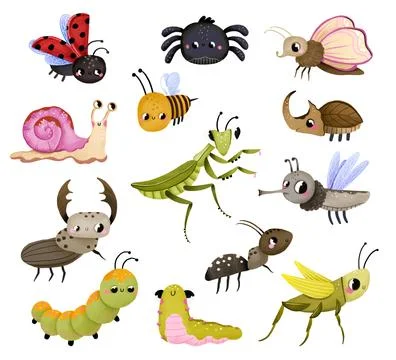 A set of cute hand-drawn insects including ladybug, bee, spider, snail, pra.. Stock Illustration