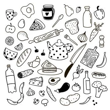 Set of cute hand drawn objects. Food, vegetables, fruits, groceries and utens Stock Illustration