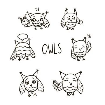 Set of cute hand drawn owls. Vector clipart. Stock Illustration