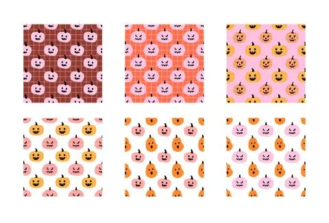 Set of Cute Hand Drawn Pink Pumpkin Halloween Seamless Patterns Illustrazione stock