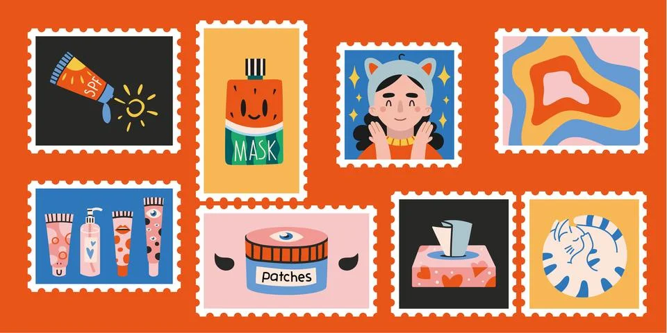Set of cute hand-drawn post stamps, funny characters and cosmetic products. Stock Illustration