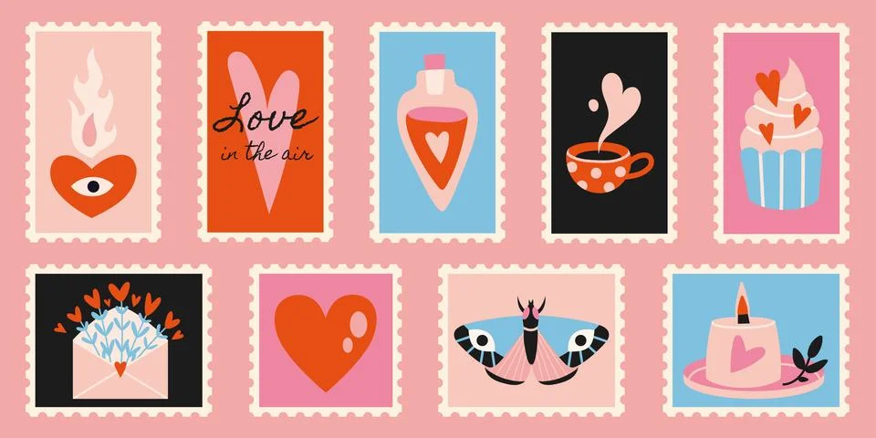 Set of cute hand-drawn post stamps with Valentines Day, Love theme attribut.. Illustrazione stock