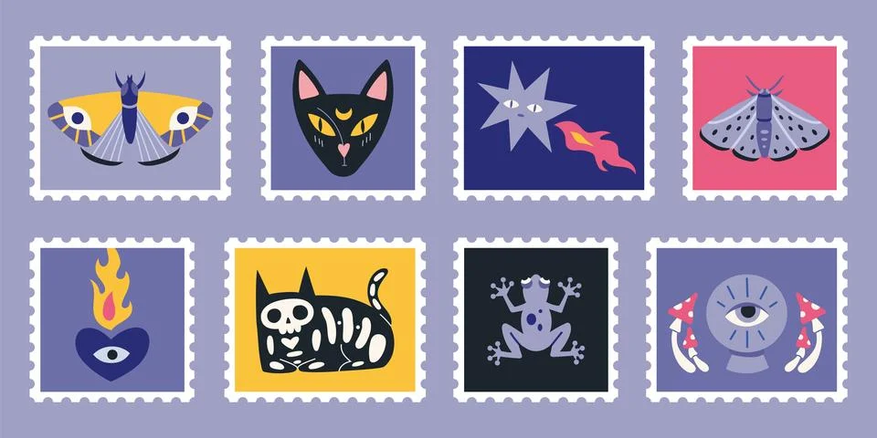 Set of cute hand-drawn post stamps with Witchcraft, occult things like Crys.. Stock Illustration