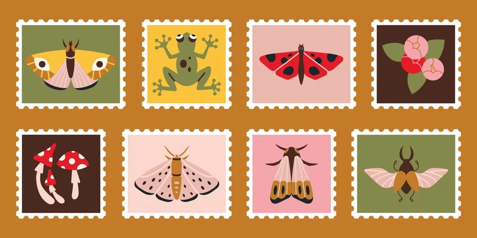 Set of cute hand-drawn post stamps with butterflies, mushrooms, moth, frog... Stock Illustration