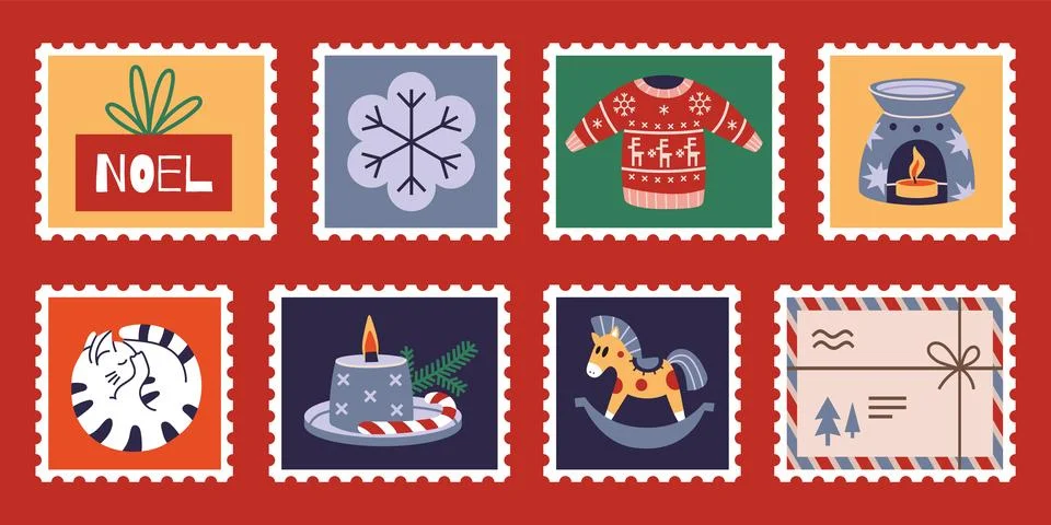 Set of cute hand-drawn post stamps with Christmas and New Year attributes, gi Illustrazione stock