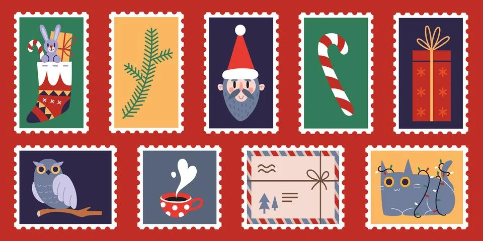 Set of cute hand-drawn post stamps with Christmas and New Year attributes, sa Stock Illustration