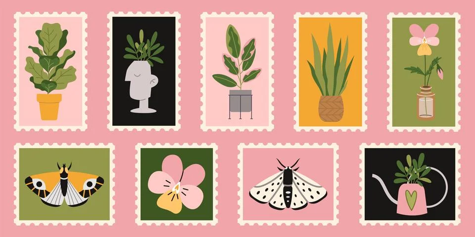 Set of cute hand-drawn post stamps with natural plant elements, attributes .. Stock Illustration