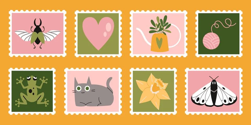 Set of cute hand-drawn post stamps with natural plant elements, attributes .. Stock Illustration