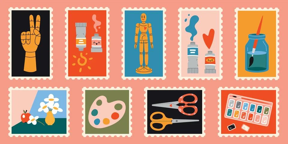 Set of cute hand-drawn post stamps with painting tools elements and art sup.. Stock Illustration