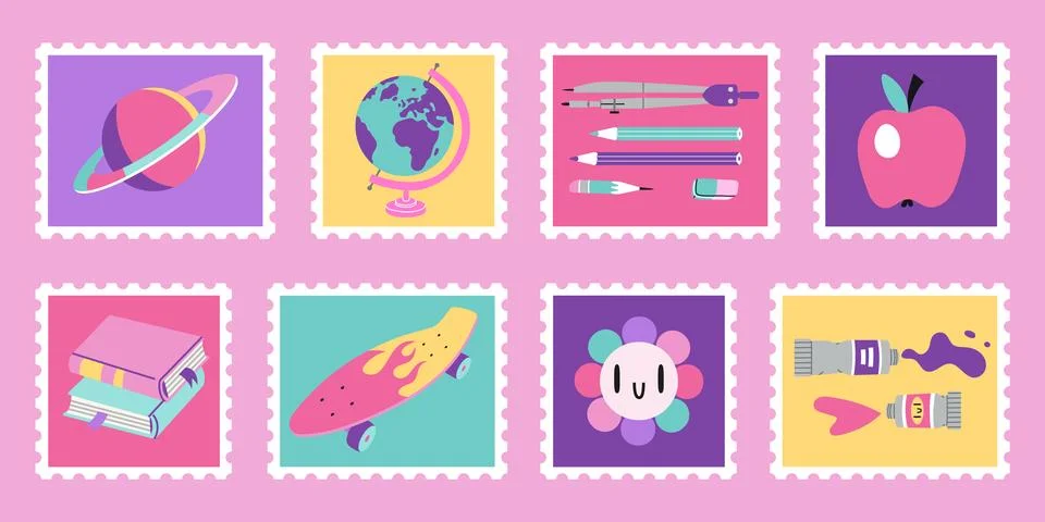 Set of cute hand-drawn post stamps with school stationery and art supplies... Stock Illustration