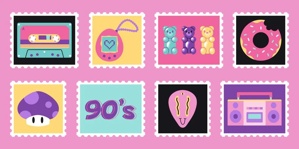 Set of cute hand-drawn post stamps with 90s retro elements. Vintage ninetie.. Stock Illustration