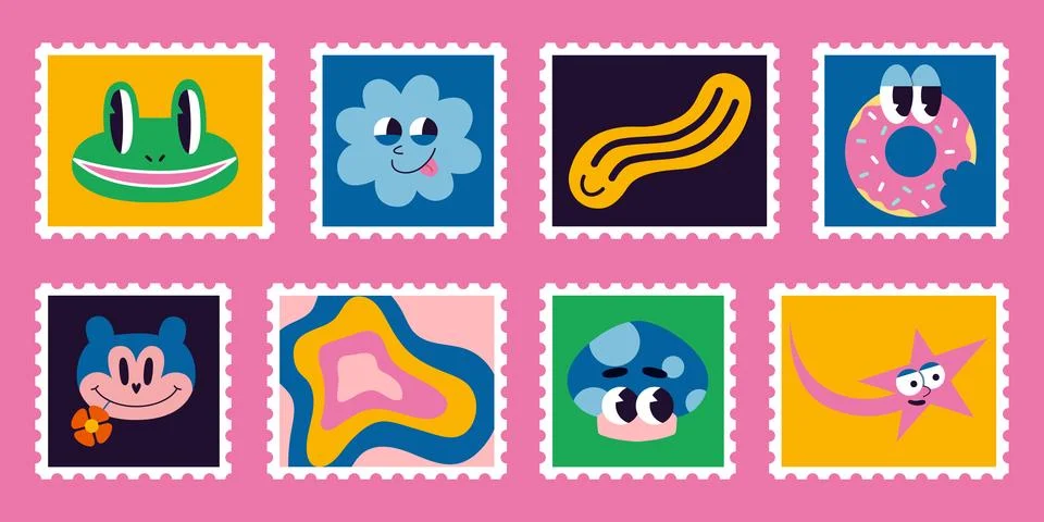 Set of cute hand-drawn post stamps with comic groovy characters such as fro.. Stock Illustration