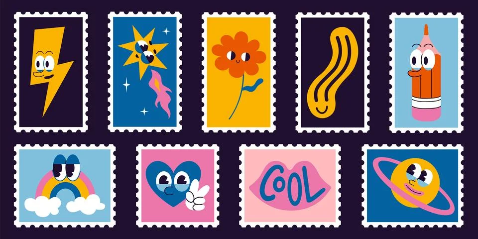 Set of cute hand-drawn post stamps with comic groovy characters such as lig.. Stock Illustration