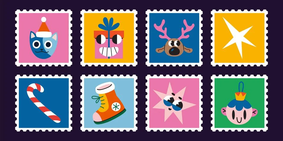 Set of cute hand drawn post stamps with Christmas attributes, groovy charac.. Stock Illustration