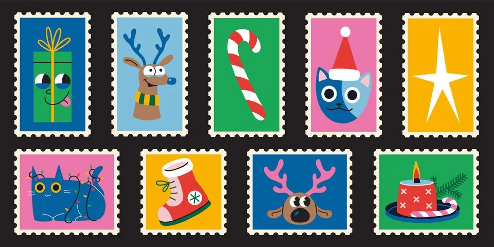 Set of cute hand drawn post stamps with Christmas attributes, groovy charac.. Stock Illustration