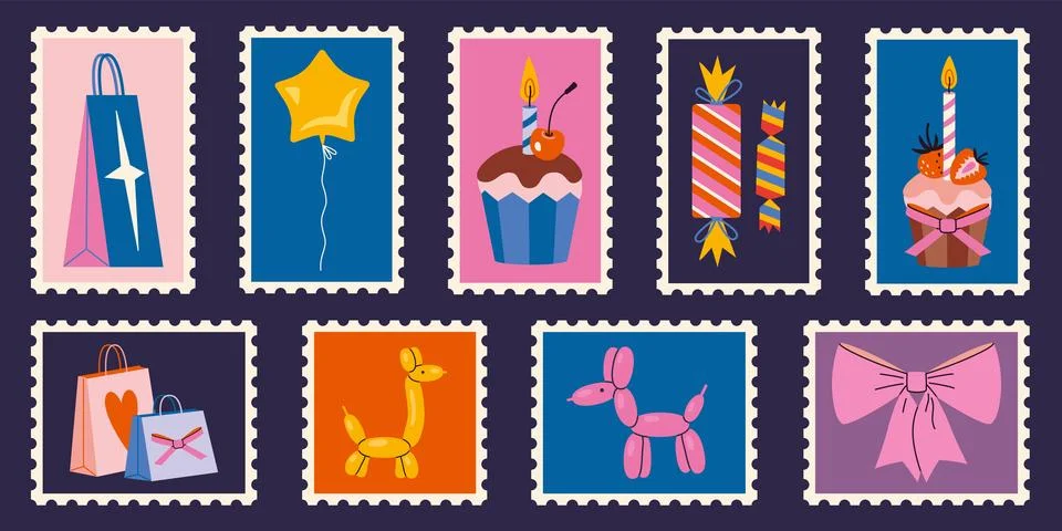 Set of cute hand-drawn post stamps with bright celebration elements like cu.. Illustrazione stock