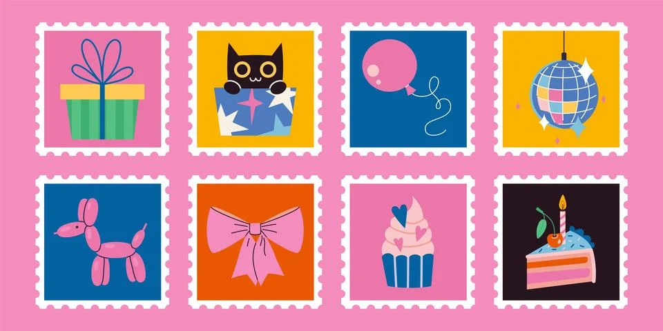 Set of cute hand-drawn post stamps with bright celebration elements like cu.. Stock Illustration