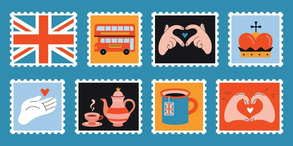 Set of cute hand-drawn post stamps with British culture symbols like flag, .. Stock Illustration