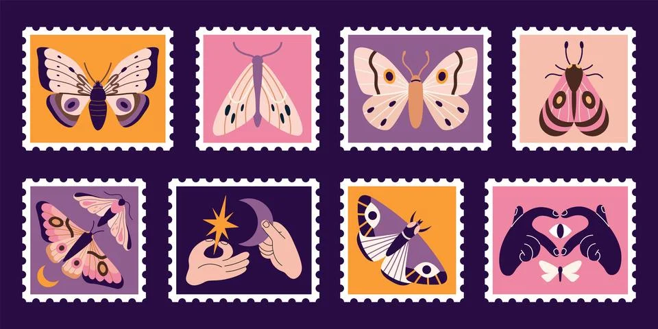 Set of cute hand drawn post stamps with various moths, hawkmoths, night but.. Stock Illustration