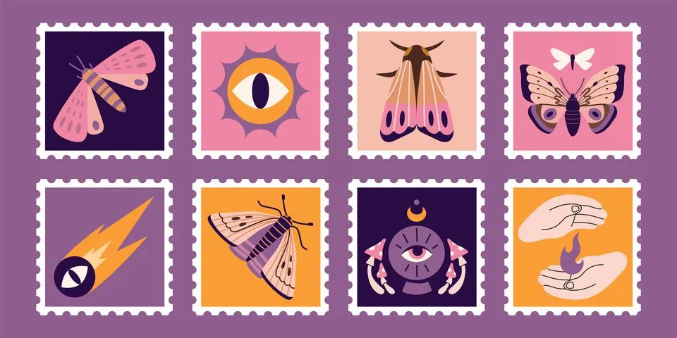 Set of cute hand drawn post stamps with various moths, night butterflies an.. Stock Illustration