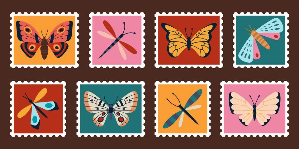 Set of cute hand drawn post stamps with various daytime butterflies and dra.. Stock Illustration