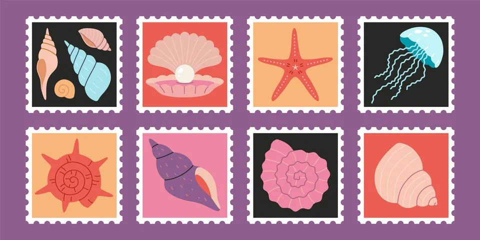 Set of cute hand drawn post stamps with seashells, starfish, jellyfish and .. Stock Illustration